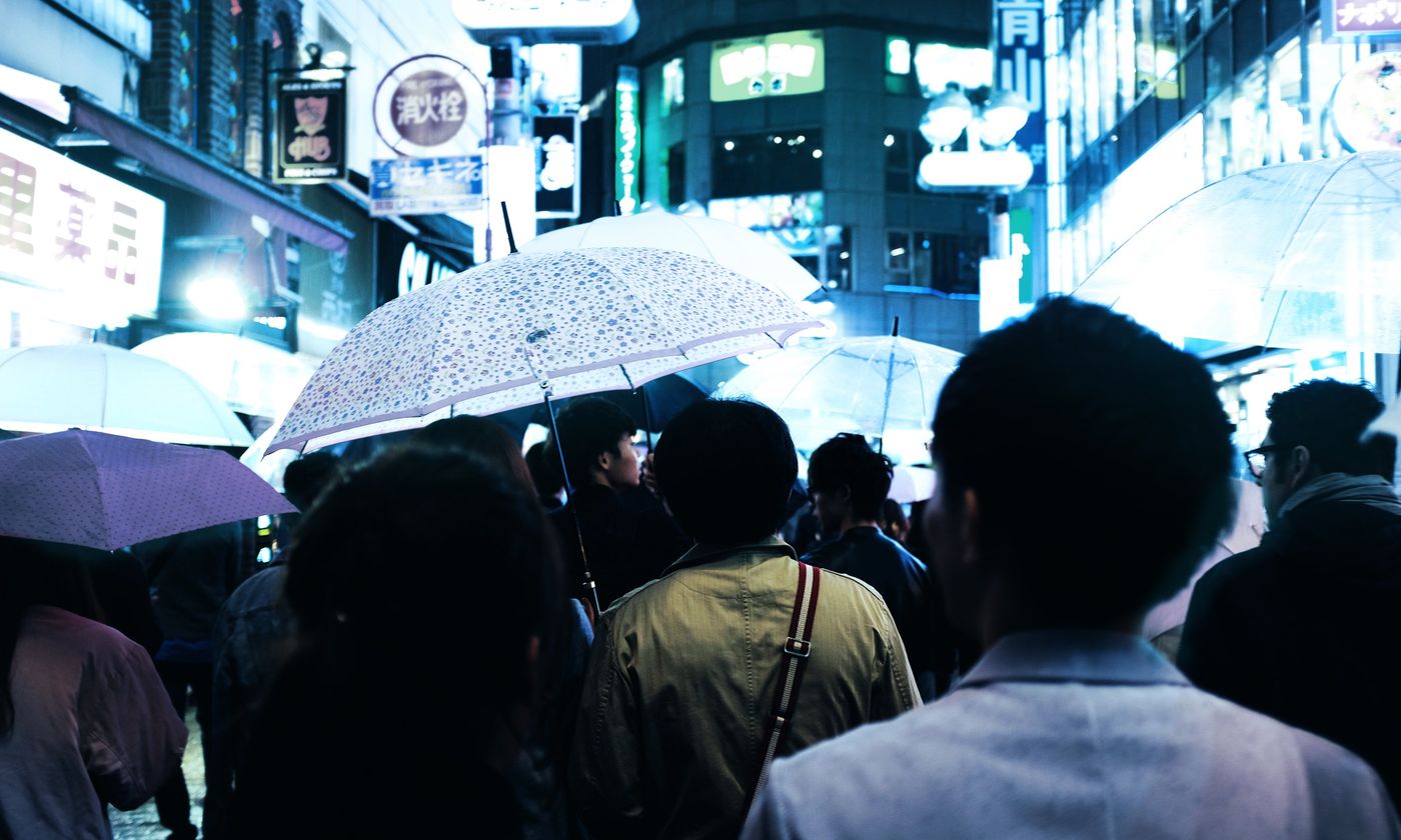 A crowd of people holding umbrellas on a rainy Japanese street at night